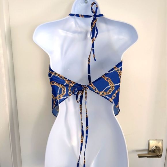 ASOS Blue and Gold Chain print satin handkerchief Halter Neck Crop Top size 6 - Picture 4 of 5